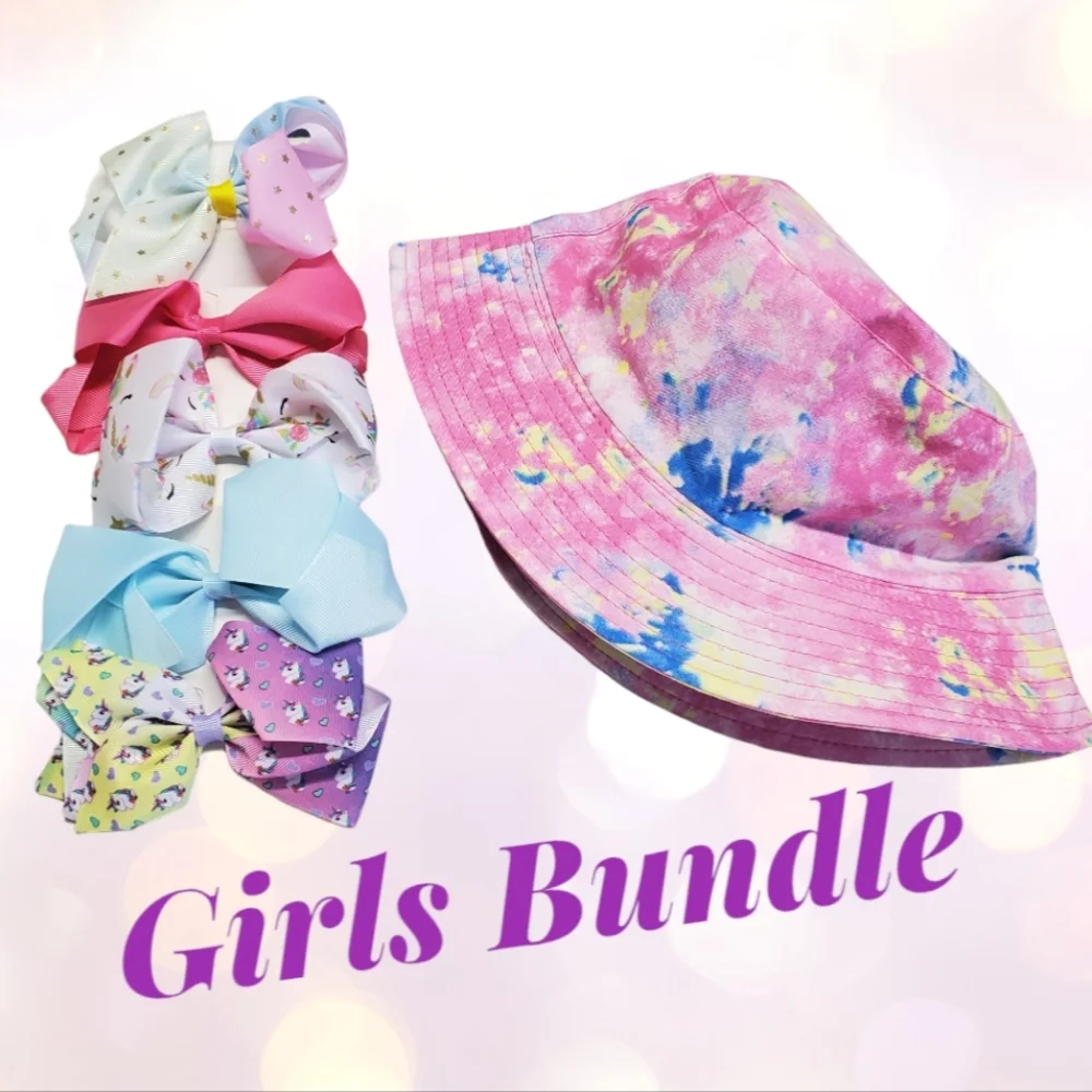 NWOT Girls Bundle Tye Dye Bucket Hat & Hair Bows 5 Pack